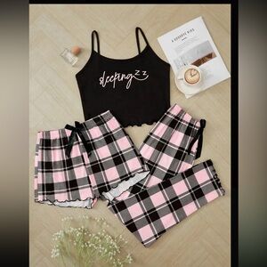 Sleeping ZZ Plaid Pajama Set - Black and Pink